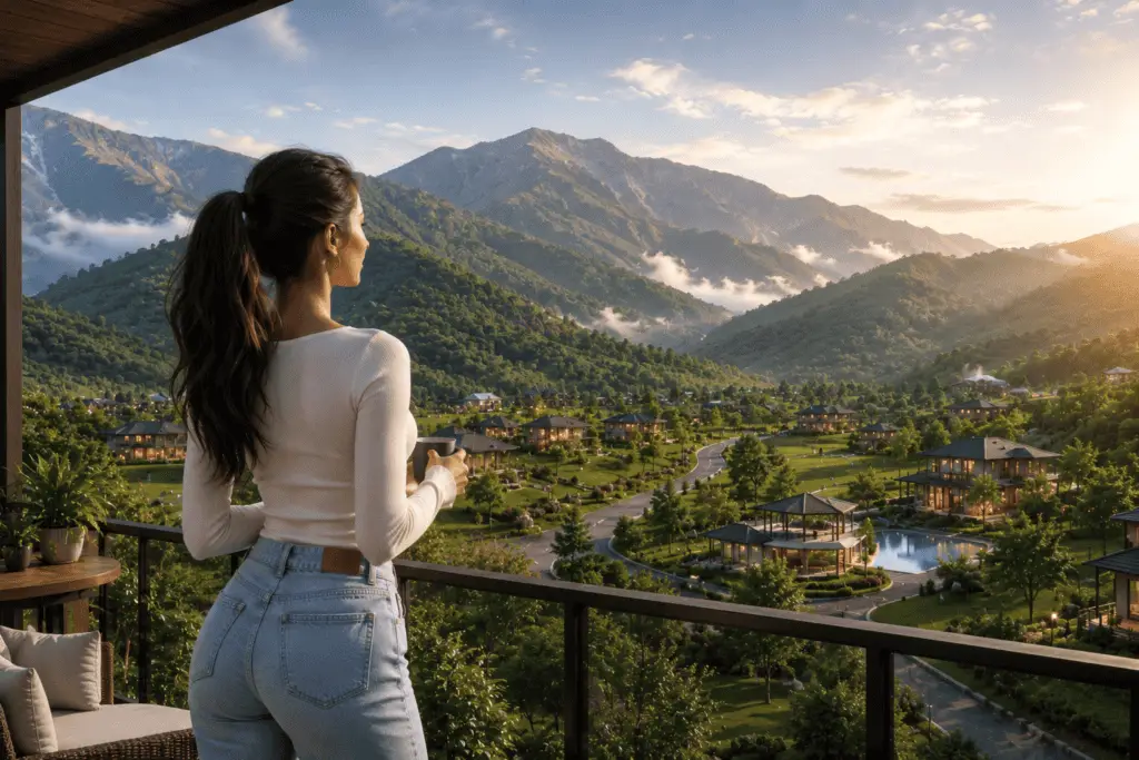 Woman enjoying scenic mountain view from luxury farmhouse balcony.