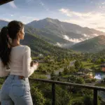 Woman enjoying scenic mountain view from luxury farmhouse balcony.