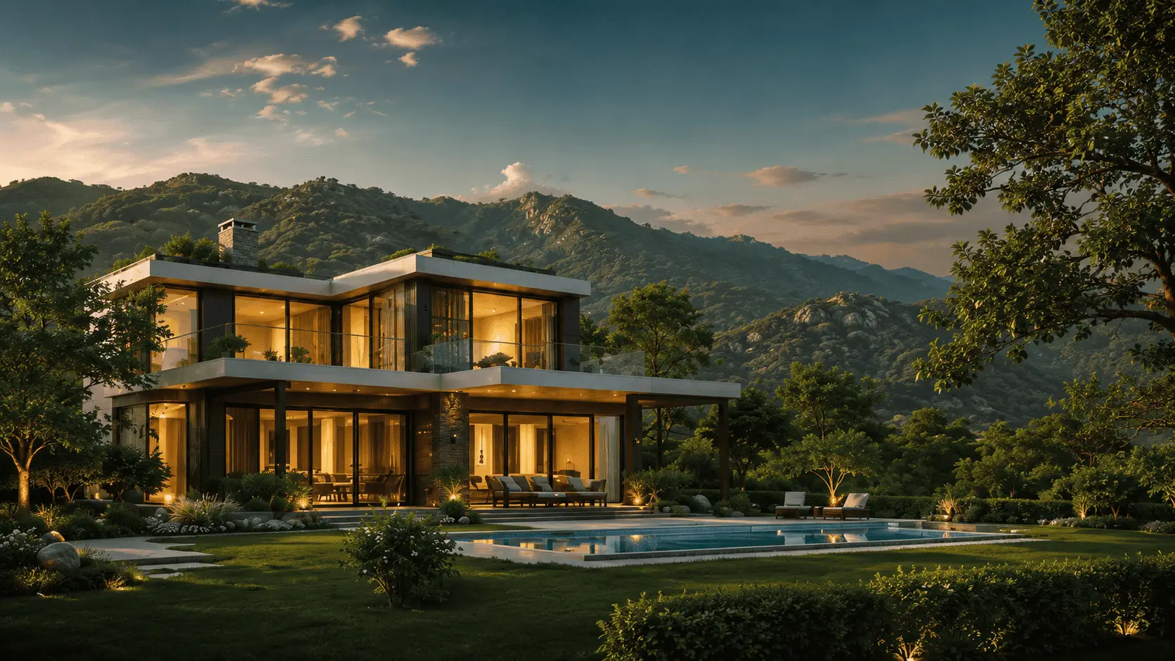 Luxury modern house with large glass windows and scenic mountain view.