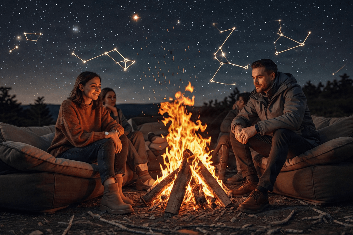 Cosy bonfire gathering at night